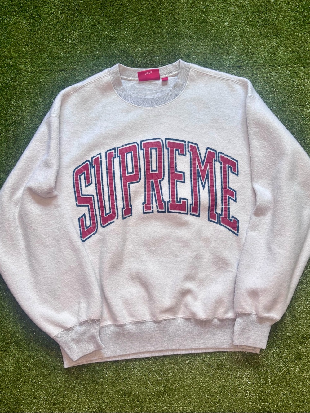 Supreme White Crewneck with Pink and Navy Arched Logo